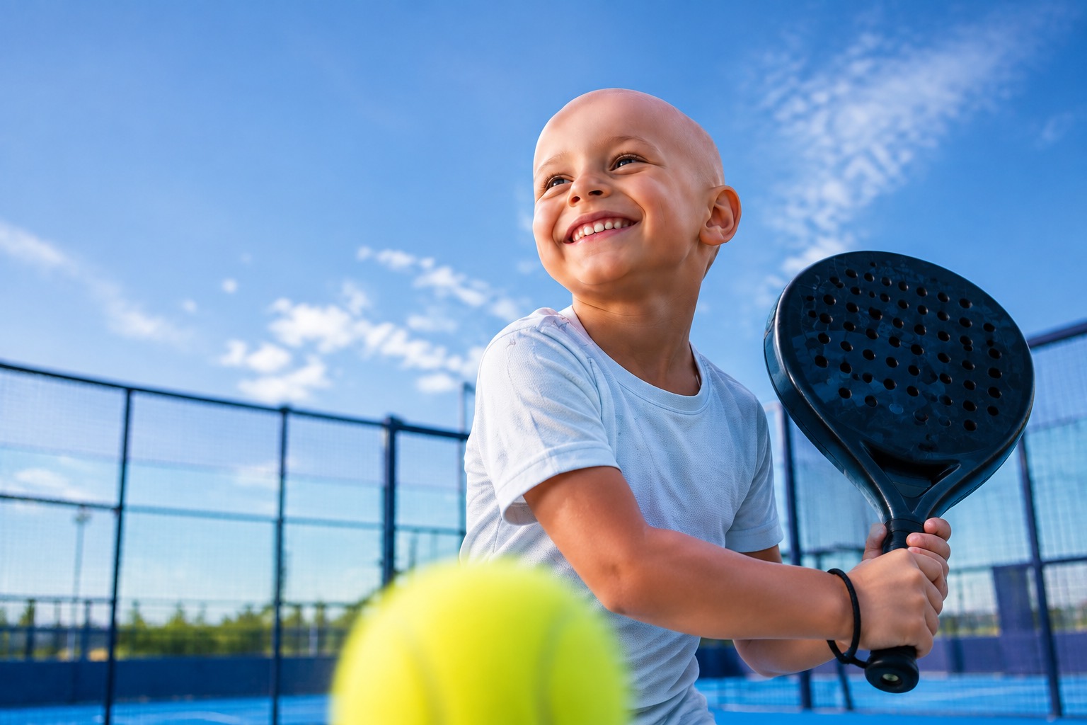 Un bambino sorride mentre gioca a padel, racchetta in mano